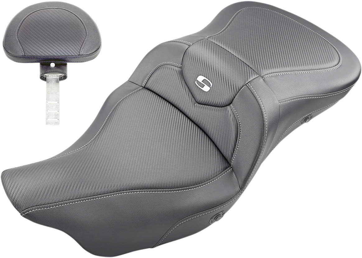 SADDLEMEN Extended Reach Road Sofa Seat by Bill's Exhausts with carbon fiber backrest and heated feature for Harley FL models 2008-2023.
