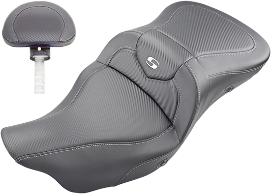 SADDLEMEN Extended Reach Road Sofa Seat by Bill's Exhausts with carbon fiber backrest and heated feature for Harley FL models 2008-2023.