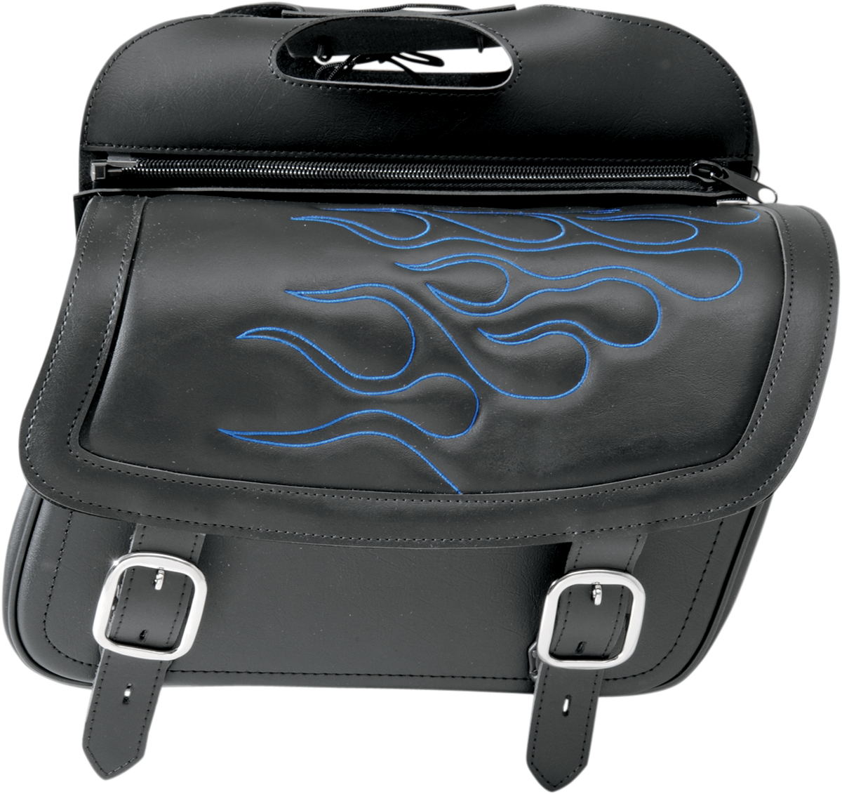 Large blue Saddlemen Flame Saddlebag mounted on a motorcycle seat, showcasing detailed design and sturdy construction.