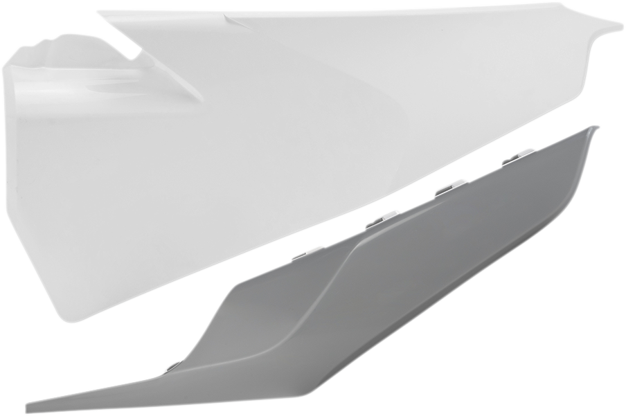 A pair of Acerbis white and gray motorcycle side panels, designed as body parts for a compatible bike model, displayed in the image.