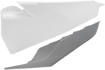 A pair of Acerbis white and gray motorcycle side panels, designed as body parts for a compatible bike model, displayed in the image.