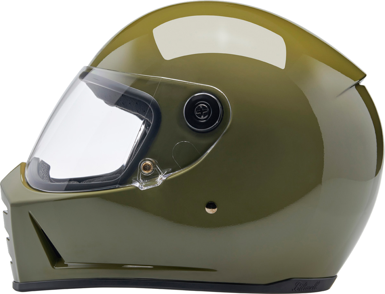 Gloss olive green BILTWELL Lane Splitter motorcycle helmet in XS size, featuring a sleek design and matte finish.