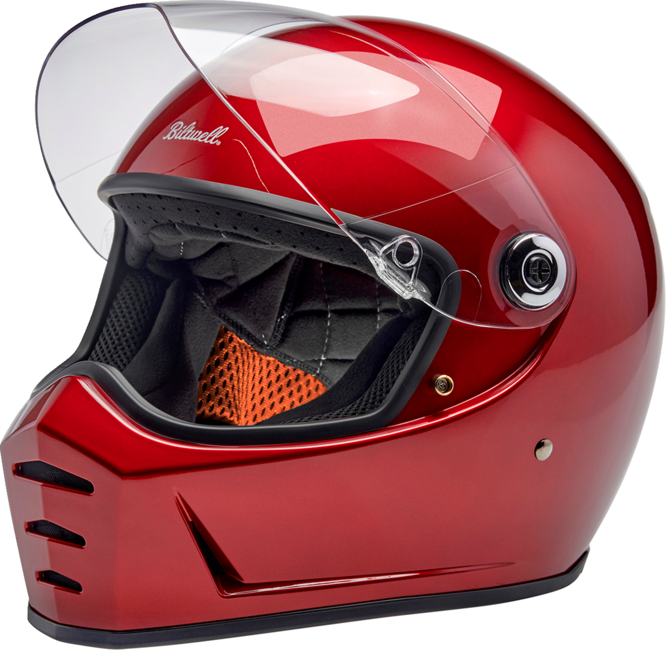 Bill's Exhausts BILTWell Lane Splitter helmet in metallic cherry red, medium size, showing sleek aerodynamic design and glossy finish.