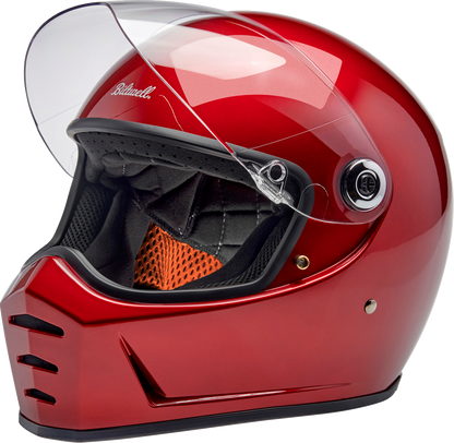 Bill's Exhausts BILTWell Lane Splitter helmet in metallic cherry red, medium size, showing sleek aerodynamic design and glossy finish.