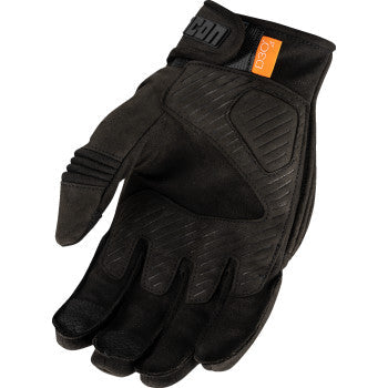 Black ICON Long Track CX™ Gloves in small size, designed for motorcycle riding, featuring durable leather and flexible wrist support.