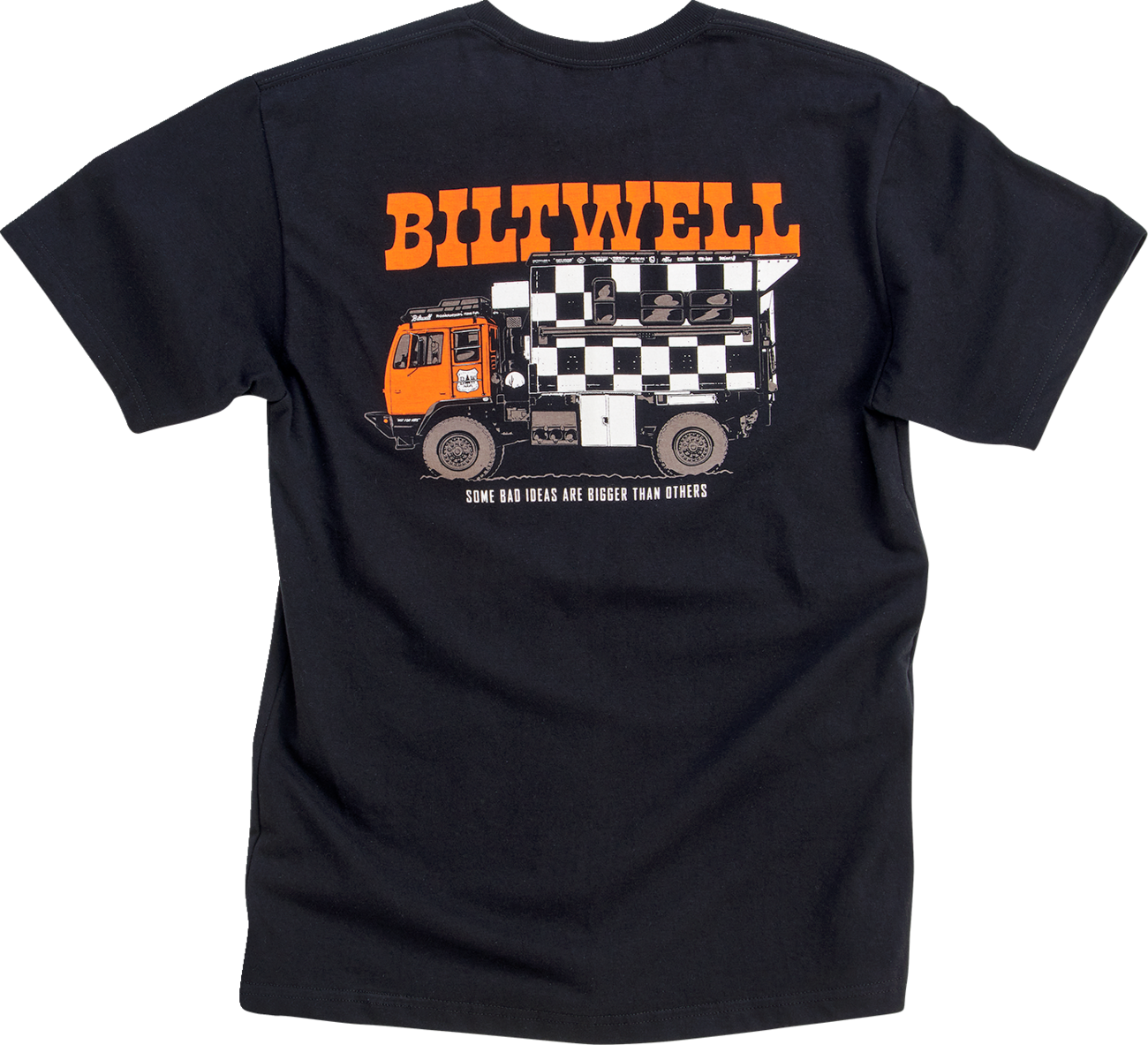 Black BILTWELL LMTV Pocket T-Shirt in Medium, featuring a chest pocket and classic crew neck style.