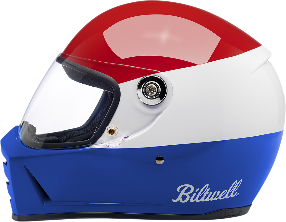 BILTWELL Lane Splitter helmet in gloss Podium Red, white, and blue, XS size, featuring aerodynamic design and bold graphics.