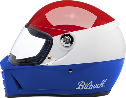 BILTWELL Lane Splitter helmet in gloss Podium Red, white, and blue with racing design, medium size, protective motorcycle helmet.