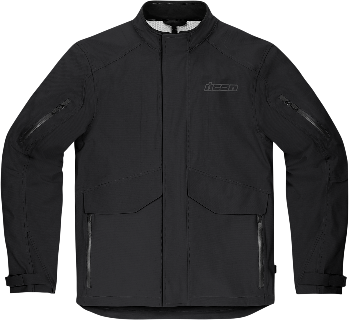 Black ICON Stormhawk Jacket CE in XL size, featuring a sleek design with protective armor, displayed on a plain background.