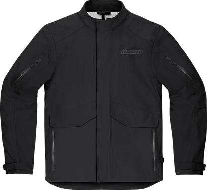 Black ICON Stormhawk Jacket CE in XL size, featuring a sleek design with protective armor, displayed on a plain background.