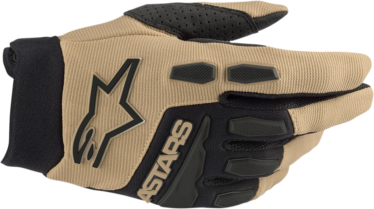Alpinestars Full Bore Gloves in sand and black, medium size, showing durable riding gloves with padded wrist and grip details.