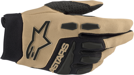 Alpinestars Full Bore gloves in sand and black, 2XL size, showing durable riding glove with reinforced palms and adjustable wrist strap.