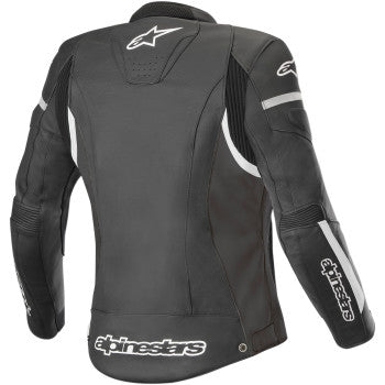 Black and white Alpinestars Stella Kira leather motorcycle jacket with zippered front, displayed on a mannequin.