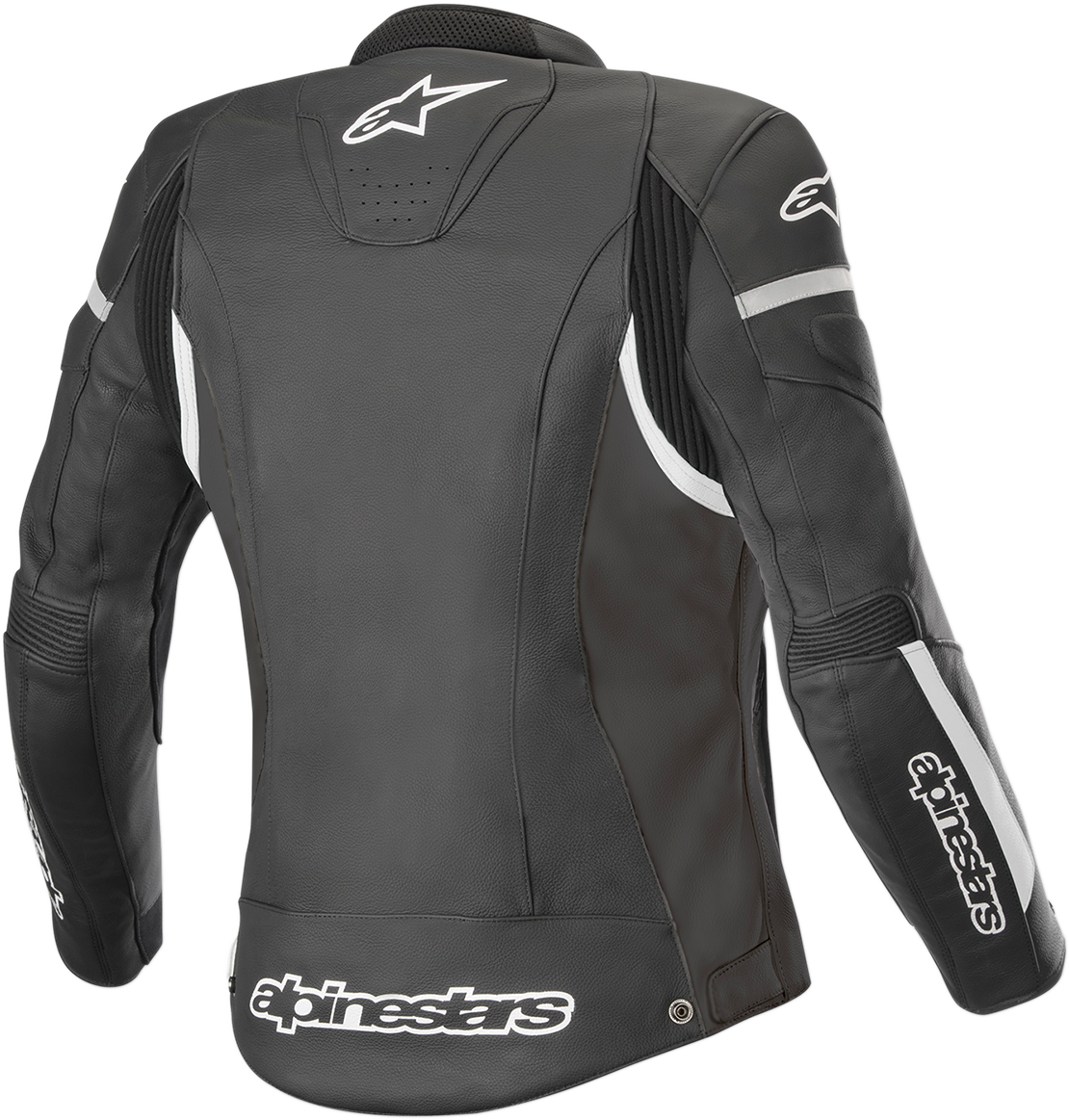 Bill's Exhausts Alpinstars Stella Women's Kira Leather Jacket in black and white, front view showing collar and zip details.