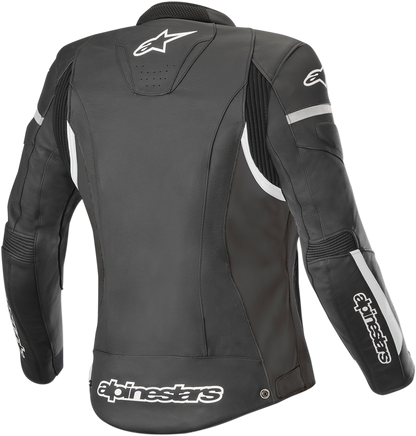 Bill's Exhausts Alpinstars Stella Women's Kira Leather Jacket in black and white, front view showing collar and zip details.