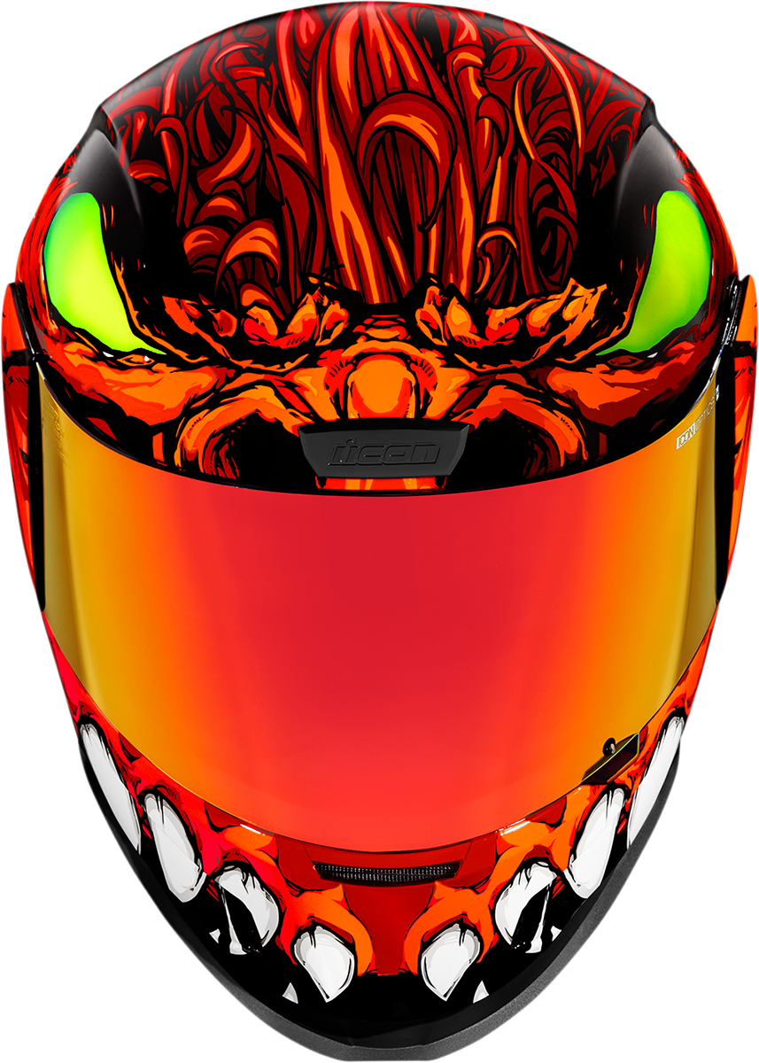 Red ICON Airform™ helmet for men in size medium, featuring aerodynamic design and adjustable strap, by Bill's Exhausts.