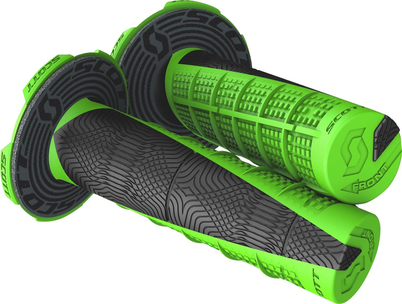 Scott Deuce motorcycle grips in neon green and black, designed for engine control and comfort, with textured rubber surfaces.