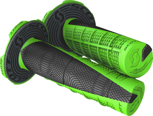 Scott Deuce motorcycle grips in neon green and black, designed for engine control and comfort, with textured rubber surfaces.