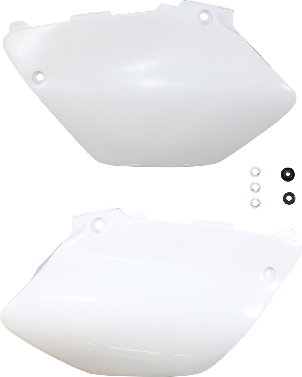 A close-up of ACERBIS white body side panels with brand labeling, designed for motorcycle customization.