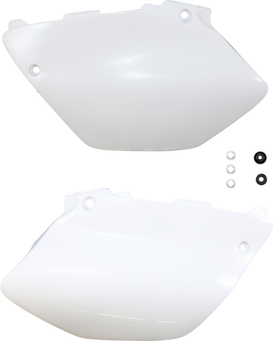 A close-up of ACERBIS white body side panels with brand labeling, designed for motorcycle customization.