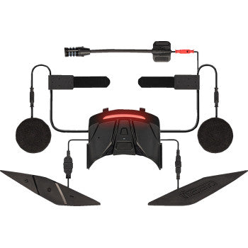 Open box Bill's Exhausts ICON In-Helmet Communicator in black, helmet communication device for motorcycle riders.