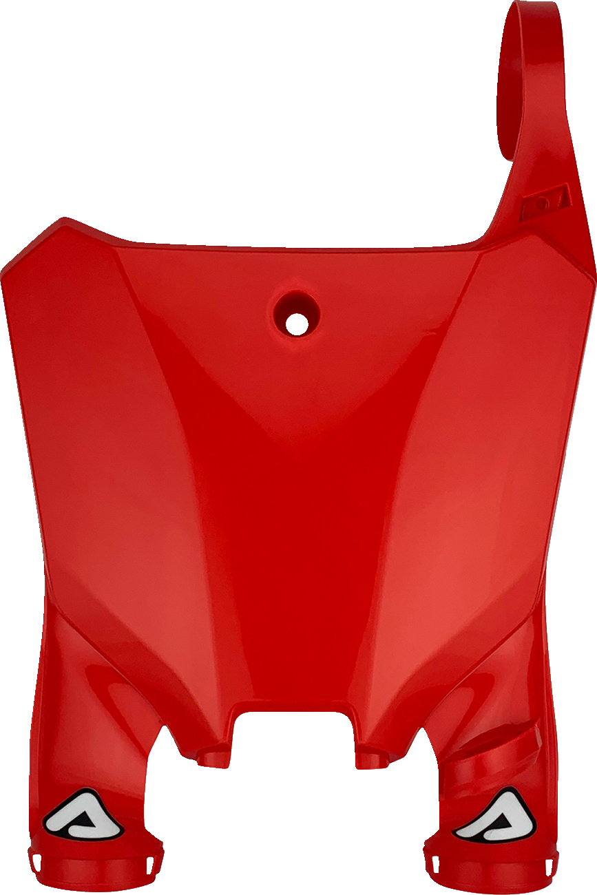Red Acerbis Raptor number plate for motorcycle body panel, featuring bold design and mounting holes, by Bill's Exhausts.