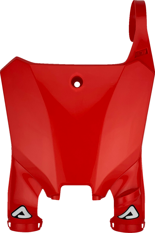 Red Acerbis Raptor number plate for motorcycle body panel, featuring bold design and mounting holes, by Bill's Exhausts.