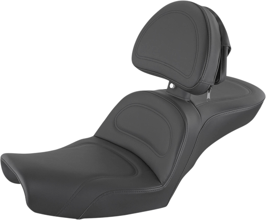 Black SADDLEMEN Explorer motorcycle seat with backrest and stitched design for Dyna models, providing comfort and style.