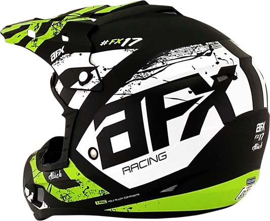 Matte black and green AFX FX-17 Attack helmet in 2XL size, featuring aerodynamic design and secure chin strap, by Bill's Exhausts.