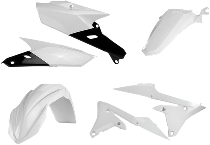 A white ACERBIS standard replacement body kit for motorcycles, featuring sleek design and durable plastic construction.