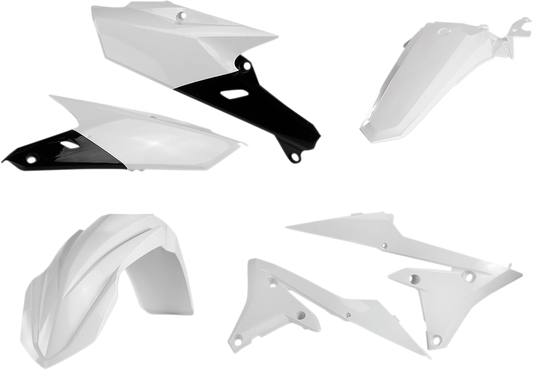 A white ACERBIS standard replacement body kit for motorcycles, featuring sleek design and durable plastic construction.