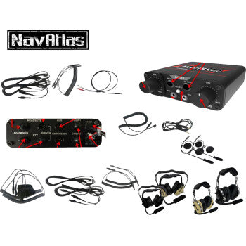 NAVATLAS 4-seat beige intercom and radio headset kit for vehicles, includes headsets and control units, used for communication.