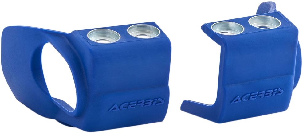 Acerbis blue shoe protectors for inverted forks, designed for motorcycle suspension, with a sleek blue body and durable construction.
