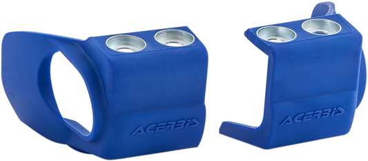 Acerbis blue shoe protectors for inverted forks, designed for motorcycle suspension, with a sleek blue body and durable construction.