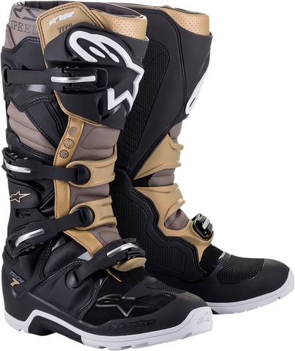 Alpinestars Tech 7 Enduro Drystar® Boots in black, gray, and gold with rugged design and secure ankle straps, US size 12.