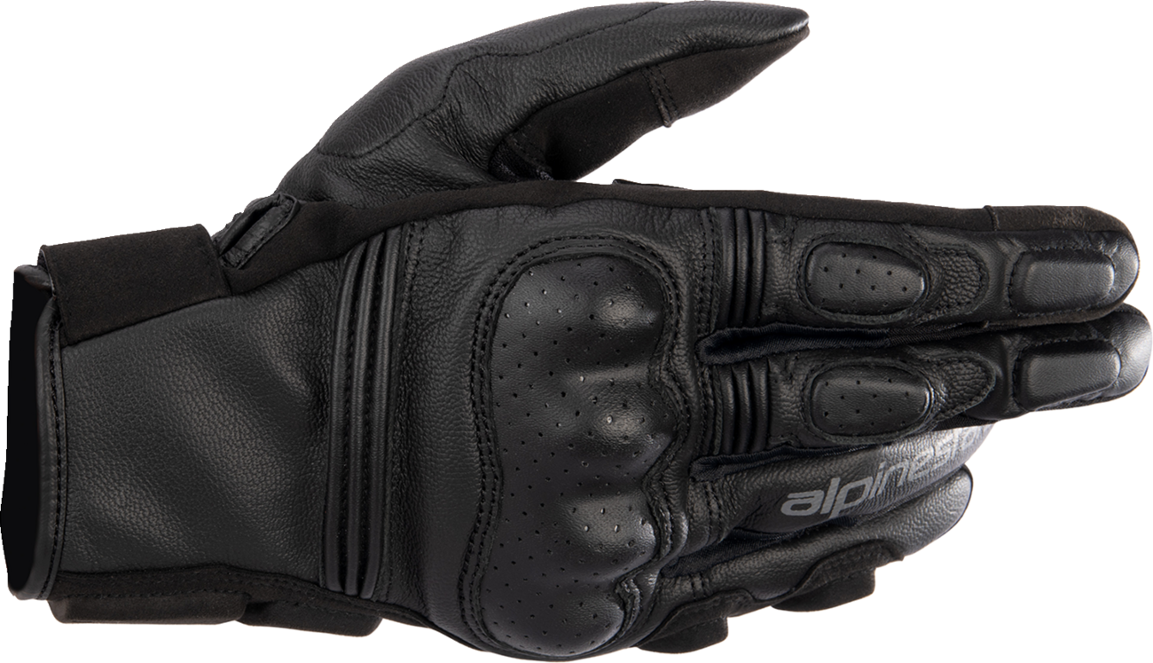 Black Alpinestars Phenom gloves in small size, showing the durable motorcycle glove with textured palm and reinforced knuckles.