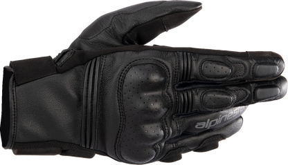 Black Alpinestars Phenom gloves in small size, showing the durable motorcycle glove with textured palm and reinforced knuckles.