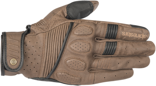 Alpinestars Crazy Eight Brown and Black motorcycle gloves in large size, featuring protective knuckles and adjustable wrist strap.