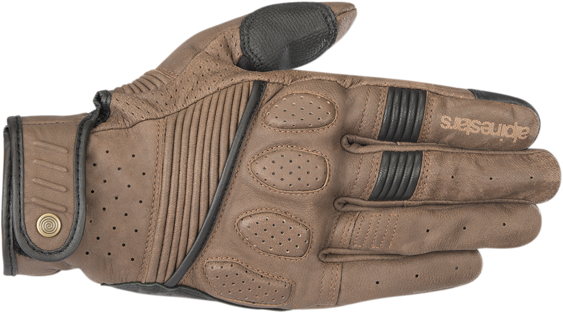 Alpinestars Crazy Eight motorcycle gloves in brown and black, medium size, featuring protective padding and durable materials.