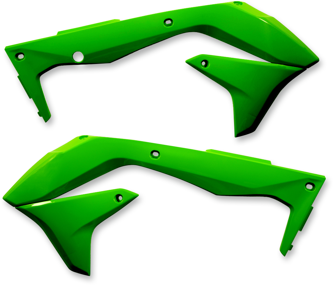 Acerbis green radiator shrouds for off-road motorcycle, body protection parts with brand-specific design and vibrant green color.