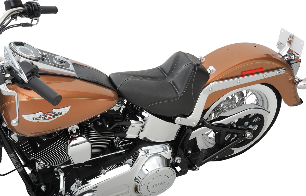 Black SADDLEMEN Dominator Solo Seat with gray stitching for FLSTC/N 2006-2017, featuring stitched detail and sleek design.