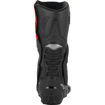 Alpinestars SMX-6 V3 vented motorcycle boots in black, silver, and red with US size 12/EU 47, showing the design and materials.