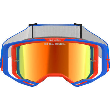 Alpinestars Vision 8 goggles with blue and orange frame, red mirror lenses, designed for motorcycle riding, featuring a sleek, sporty look