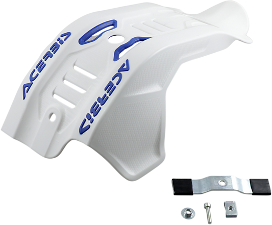 White and blue ACERBIS Husqvarna and KTM skid plate, durable motorcycle body protection with brand-specific design.