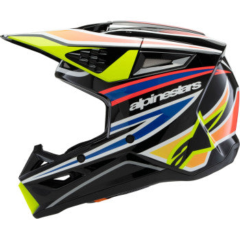 Alpinestars Youth SM3 helmet in gloss black, yellow fluo, blue, and red, medium size, with colorful design and ventilation openings.