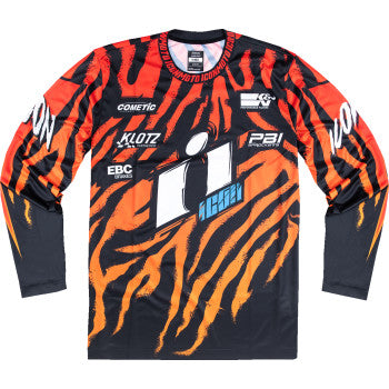 Orange ICON Rad Dawn™ jersey in large size with bold graphic design, made by Bill's Exhausts, displayed on a flat surface.