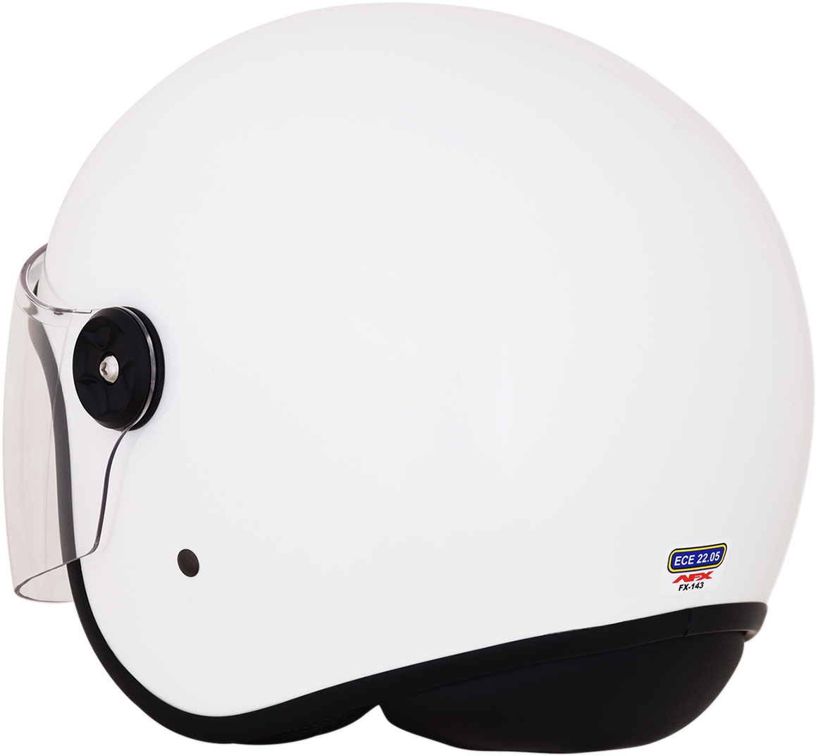 White AFX FX-143 motorcycle helmet in 2XL size, featuring a sleek design and secure fit, shown from a front view.