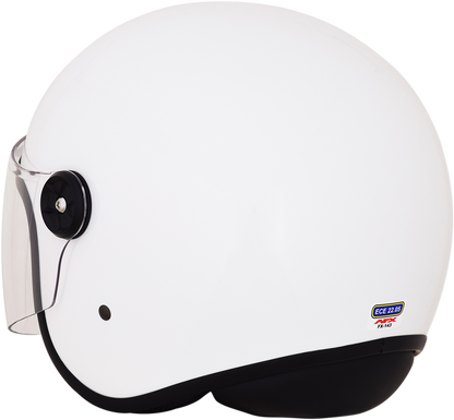 White AFX FX-143 motorcycle helmet in 2XL size, featuring a sleek design and secure fit, shown from a front view.