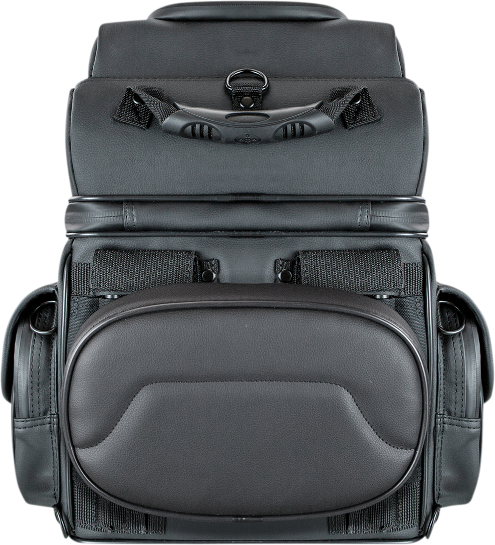 Black SADDLEMEN BR1800D Sissy Bar Bag on motorcycle seat, designed for secure storage and stylish riding comfort.