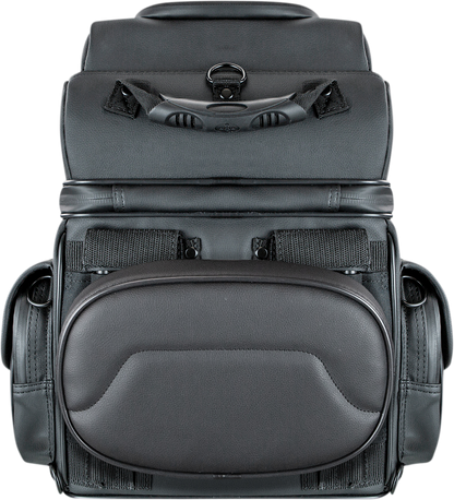 Black SADDLEMEN BR1800D Sissy Bar Bag on motorcycle seat, designed for secure storage and stylish riding comfort.